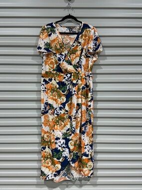 Floral Wrap Dress in Orange & Navy